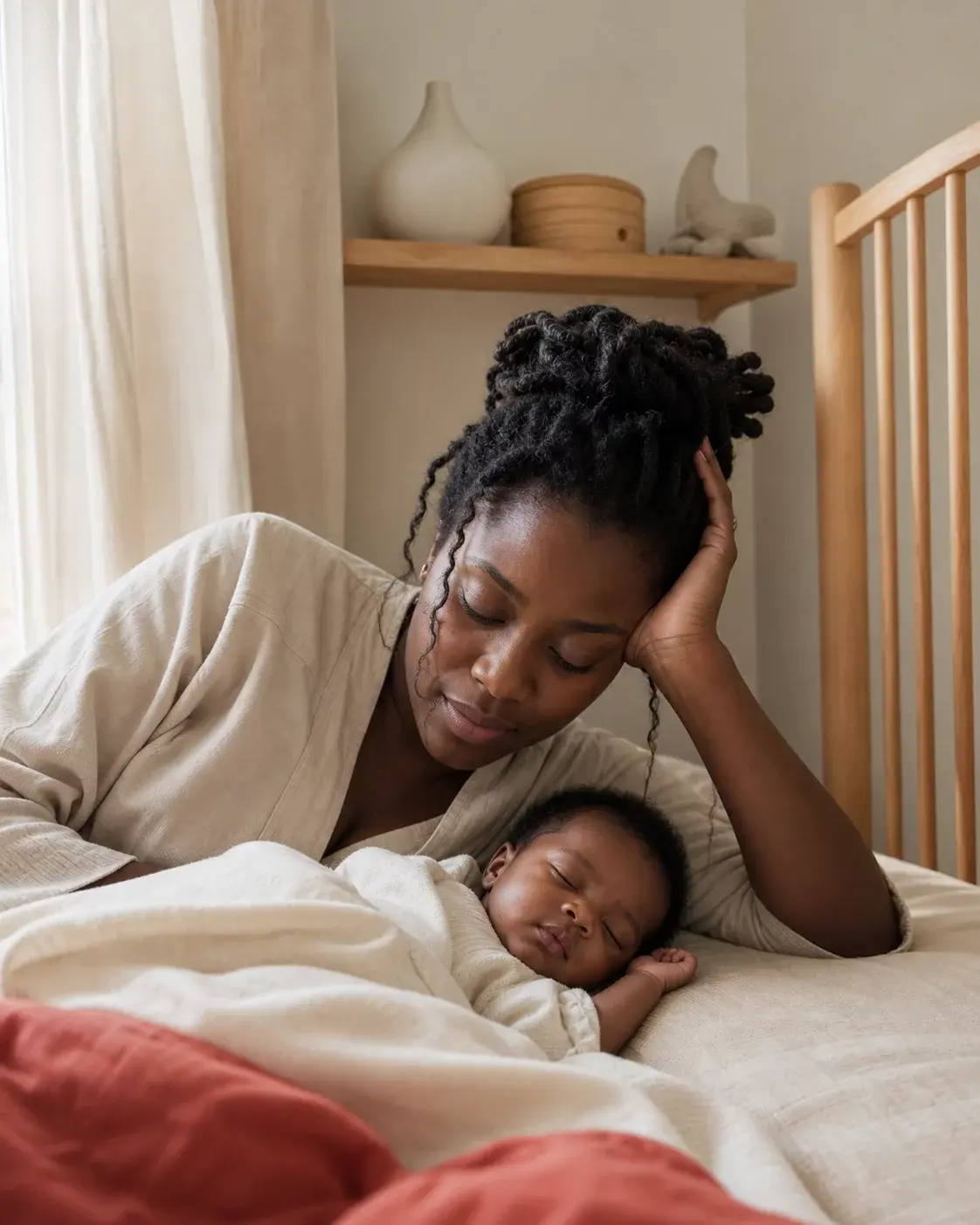 Une jeune maman se reposant près de son bébé